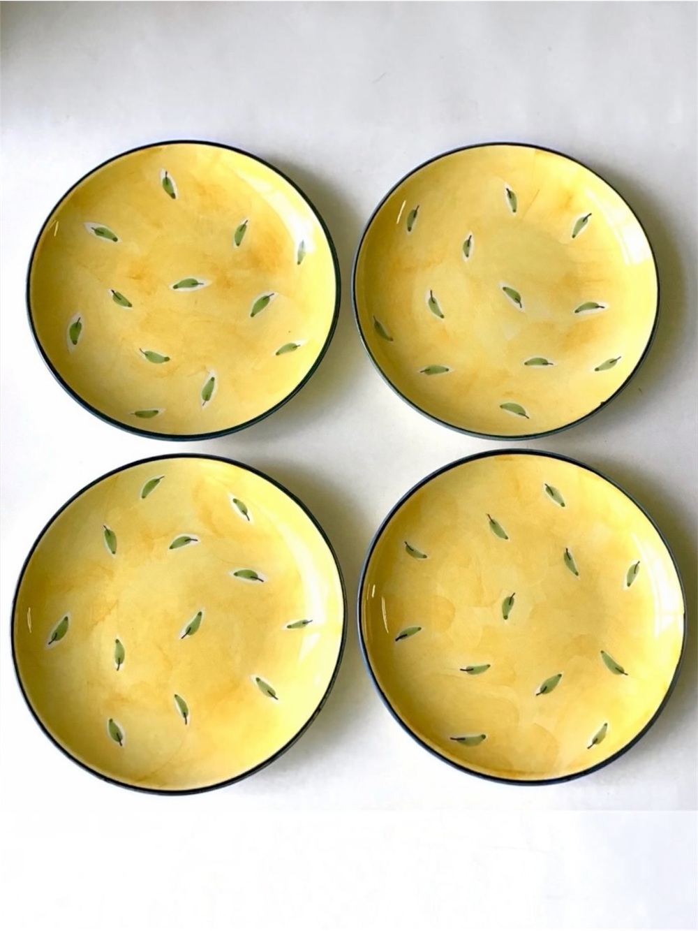 Stonemite Plates 4 Salad Dessert Appetizer 7.5” Hand Painted Yellow Green Leaf
